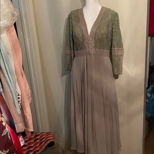 JJs House Lace V-Neck Dress in Green and Cream